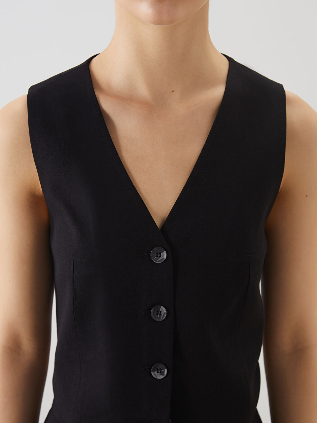 V Neck Buttoned Women's Linen Blend Waistcoat -S5DL54Z8-CVL