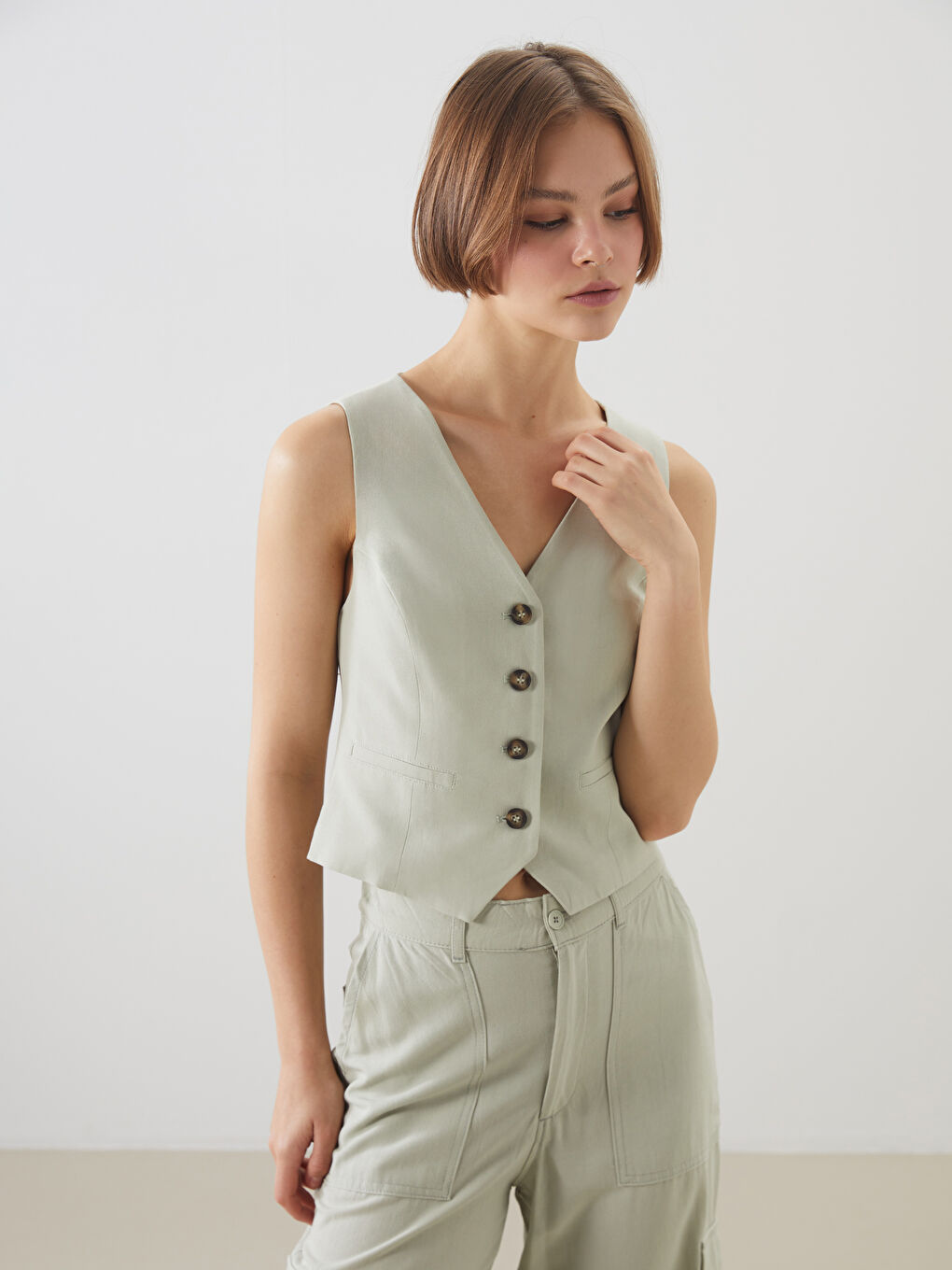 V-Neck Linen Blend Women's Classic Waistcoat -S5DL55Z8-VKZ