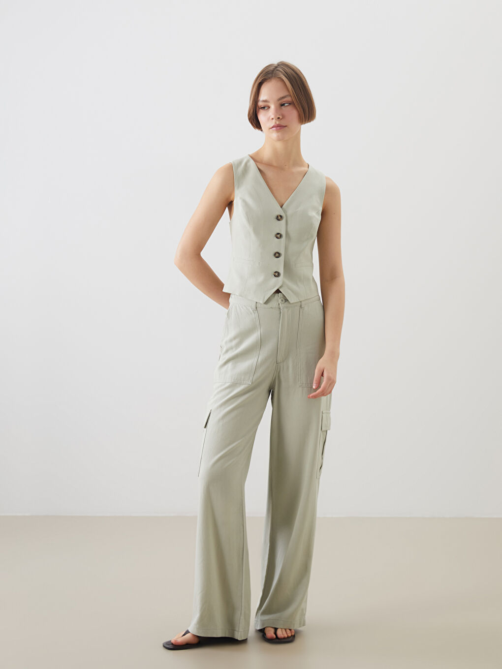 V-Neck Linen Blend Women's Classic Waistcoat -S5DL55Z8-VKZ