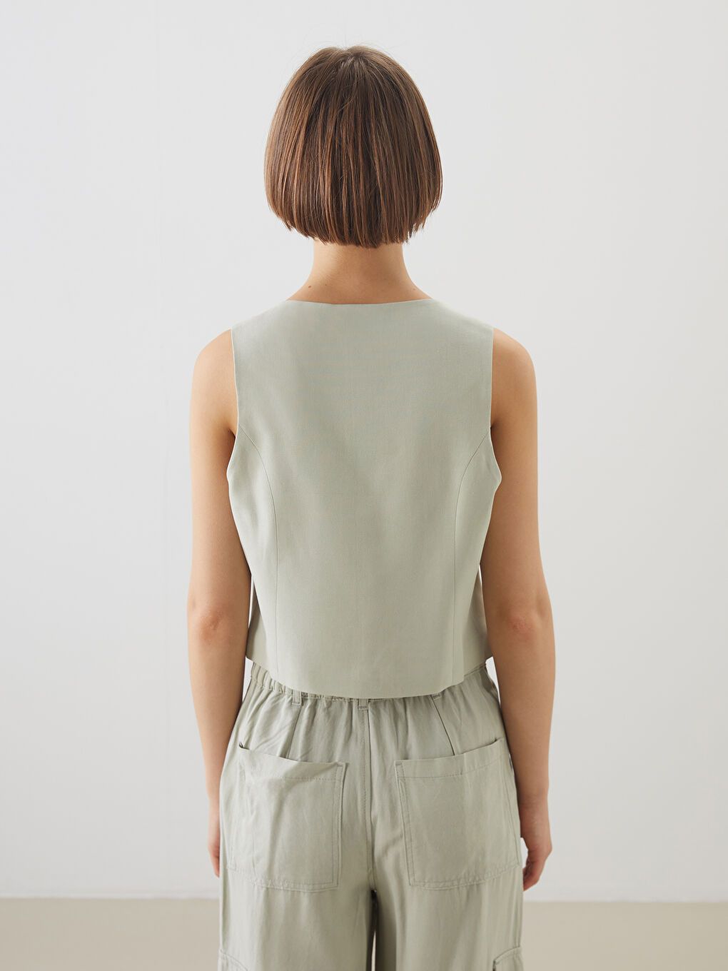 V-Neck Linen Blend Women's Classic Waistcoat -S5DL55Z8-VKZ