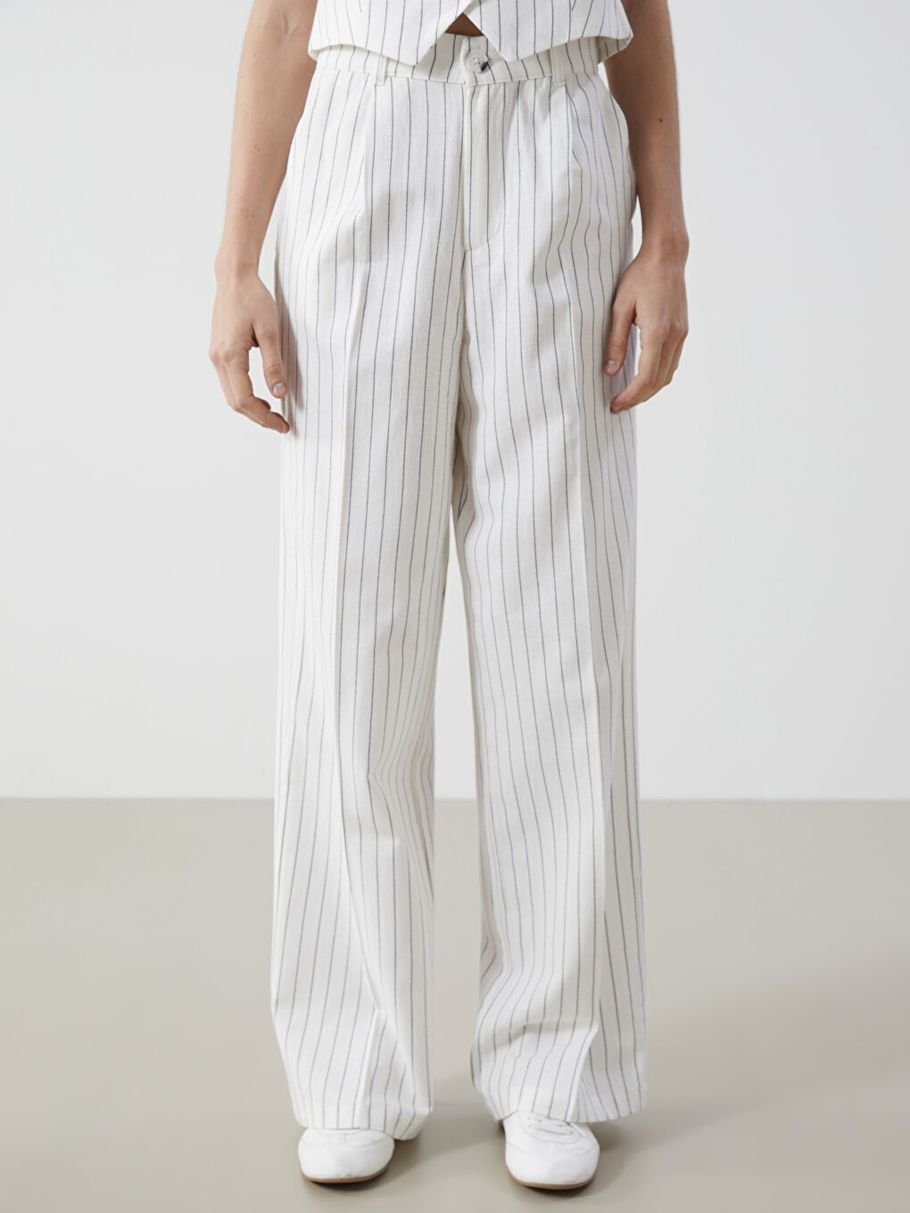 Loose Fit Striped Linen Blend Women's Trousers -S5DL57Z8-R9J
