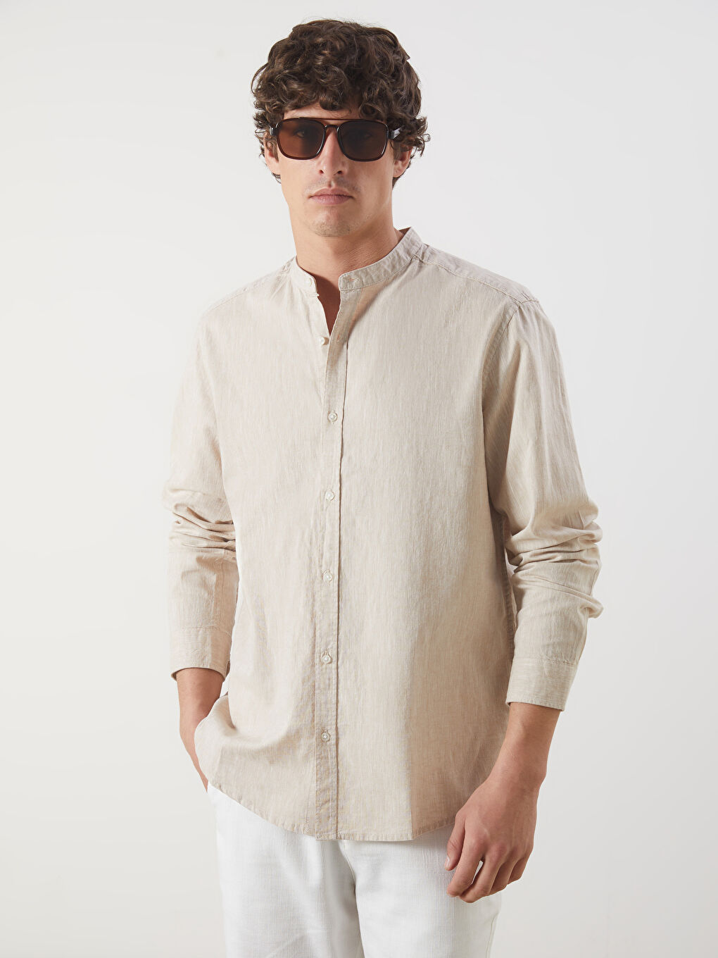 Regular Fit Long Sleeve Linen Blend Men's Shirt -S5DL95Z8-V41