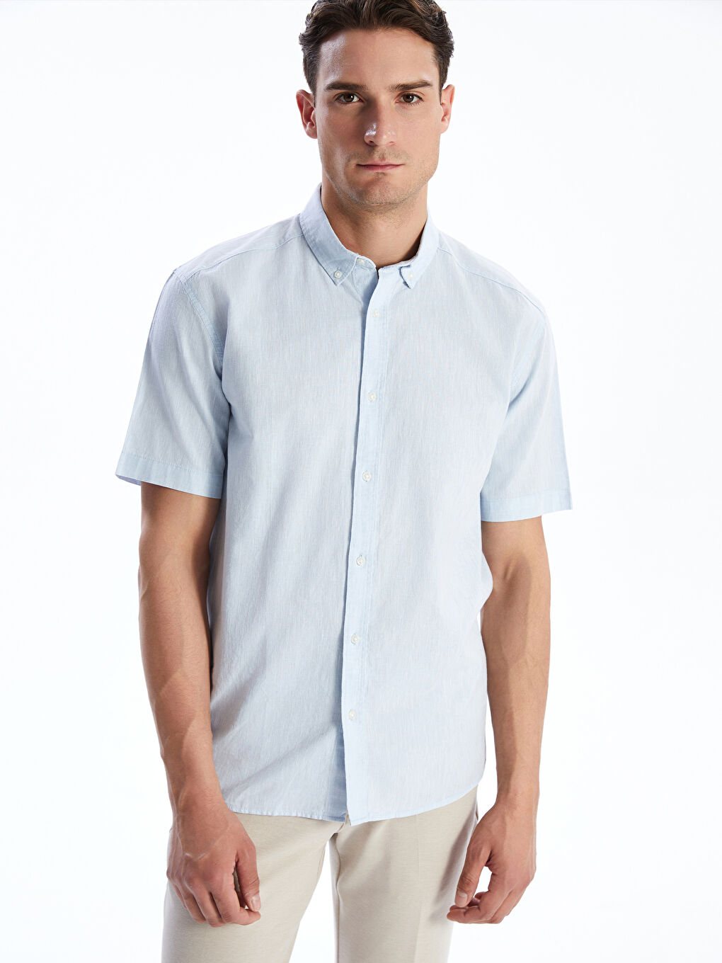 Regular Fit Short Sleeve Linen Blend Men's Shirt -S5DL96Z8-FGS