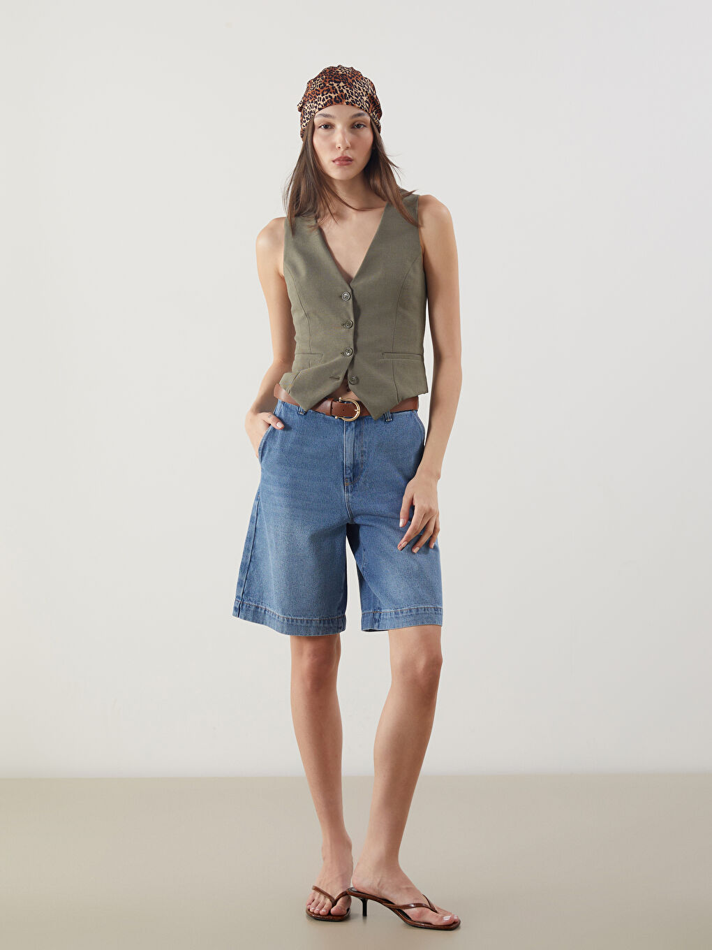 Belted Waist Regular Fit Women's Denim Shorts -S5DM25Z8-507