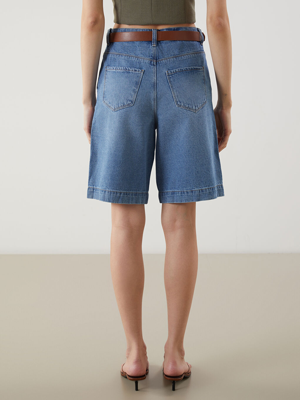 Belted Waist Regular Fit Women's Denim Shorts -S5DM25Z8-507