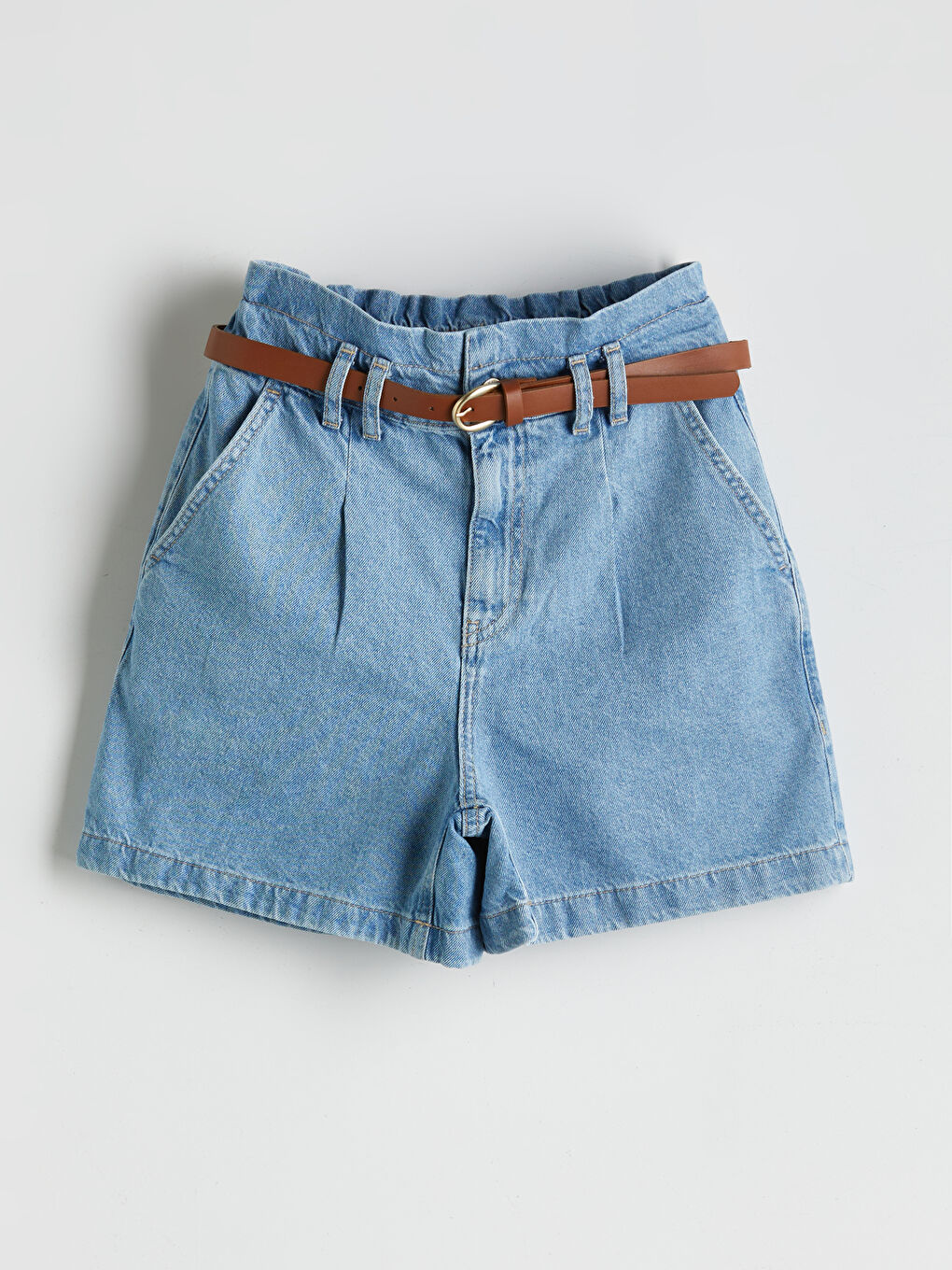 İndigo Beli Kemerli Paperbag Kadın Jean Şort-4