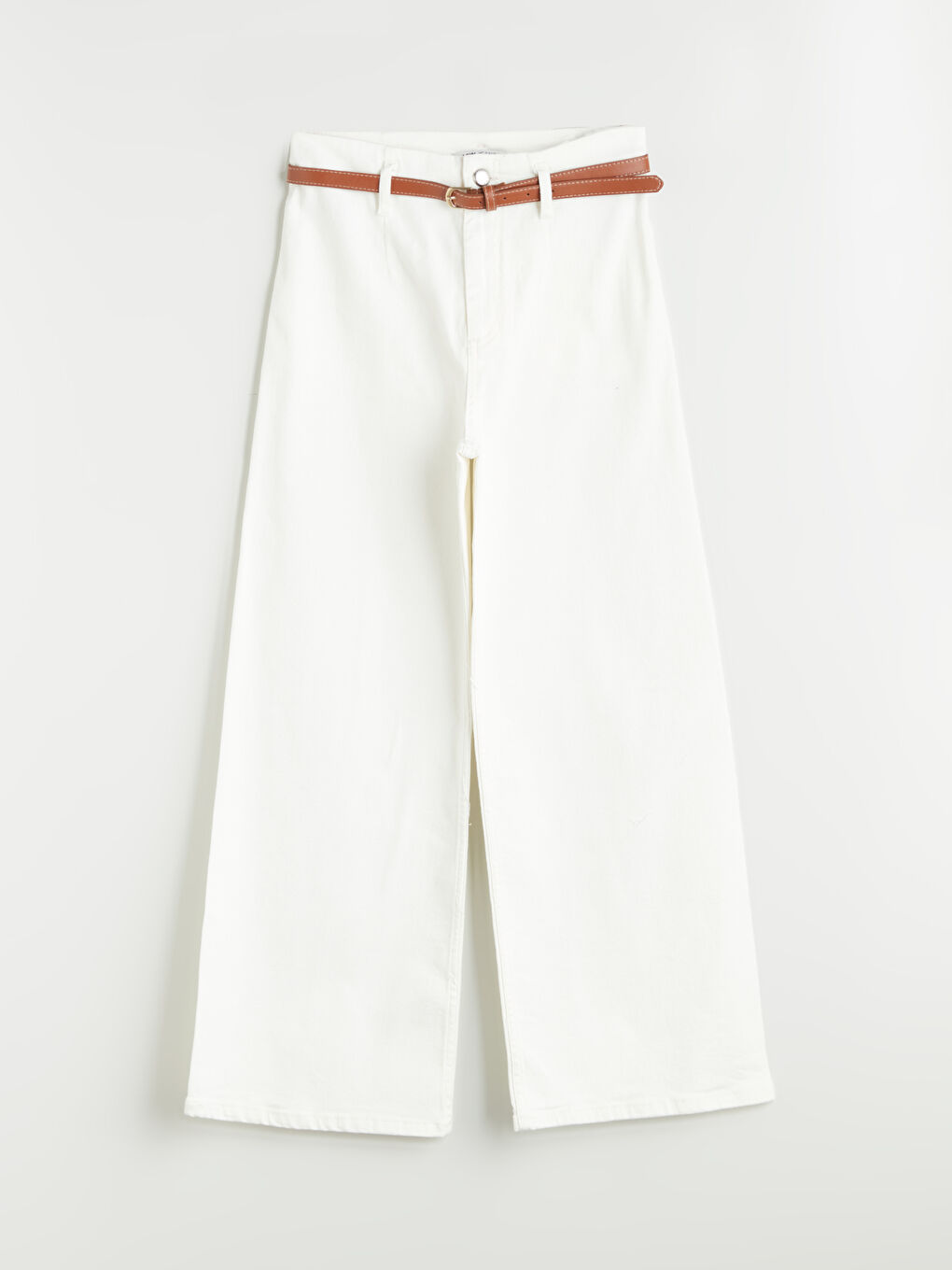 Beyaz Beli Kemerli Wideleg Kadın Jean Pantolon-4