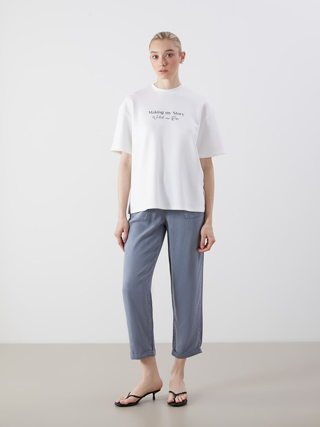 Lacivert Beli Lastikli Paperbag Kadın Jean Pantolon