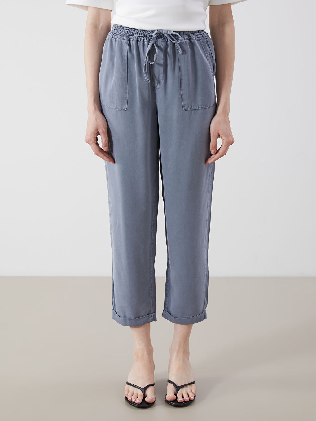 Lacivert Beli Lastikli Paperbag Kadın Jean Pantolon-1