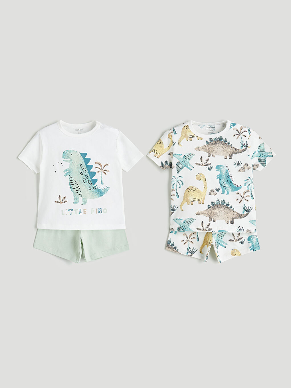LCW baby Ekru Bisiklet Yaka Dinazor Baskılı Erkek Bebek Şortlu Pijama Takım 2'li