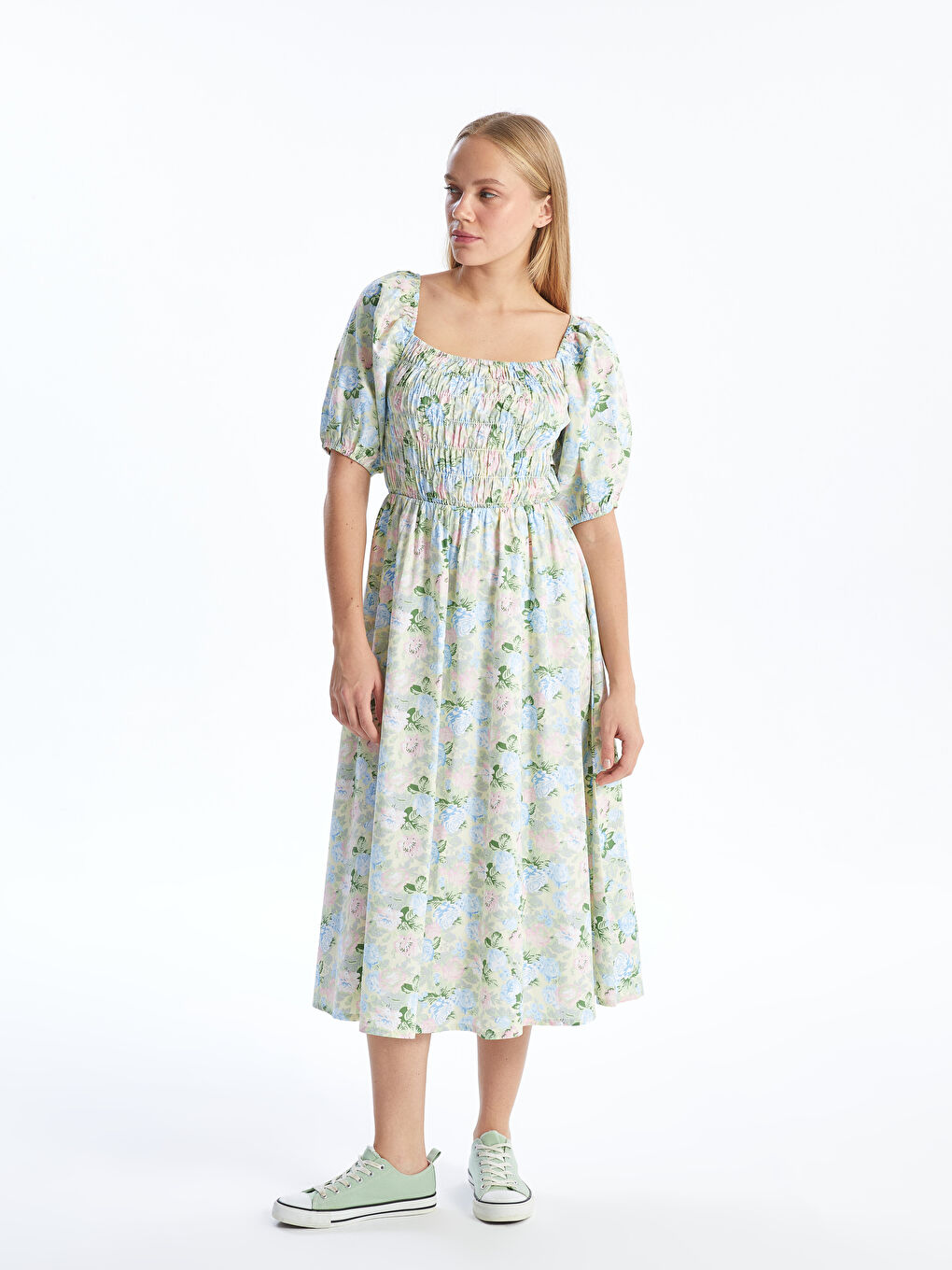 Square Collar Floral Poplin Women's Dress -S5DN51Z8-LRF