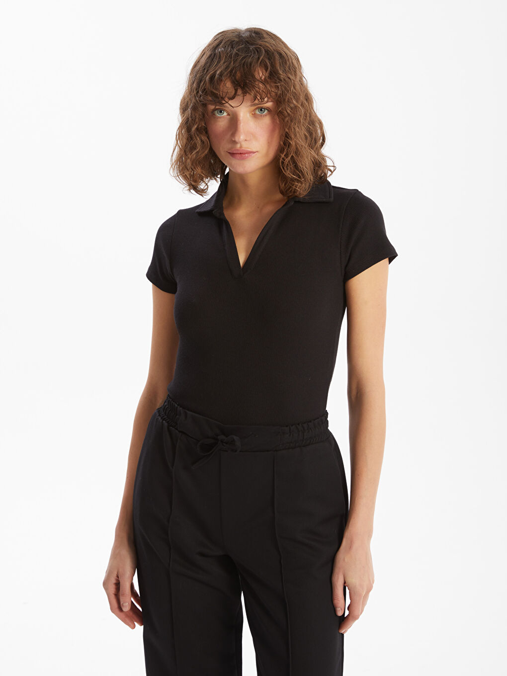 Polo Neck Textured Women'S T-Shirt -S5DN65Z8-CVL