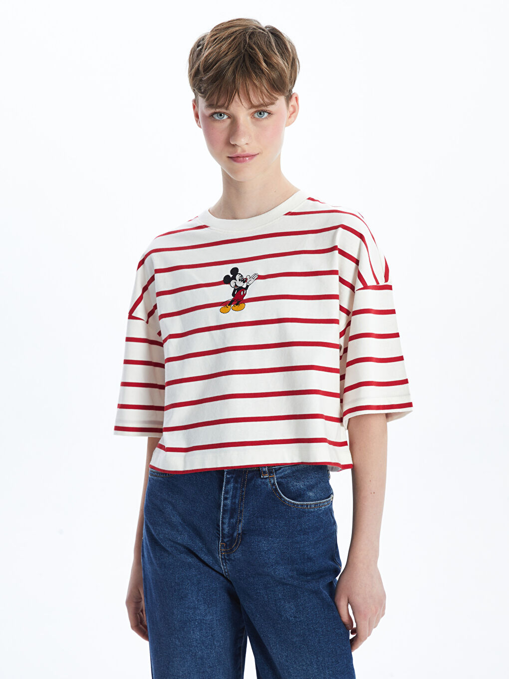 Crew Neck Mickey Mouse Embroidered Women's Crop Top -S5DO23Z8-LJE