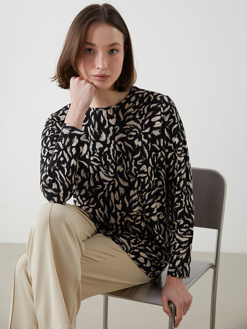Crew Neck Patterned Women's T-Shirt -S5DO30Z8-LS6