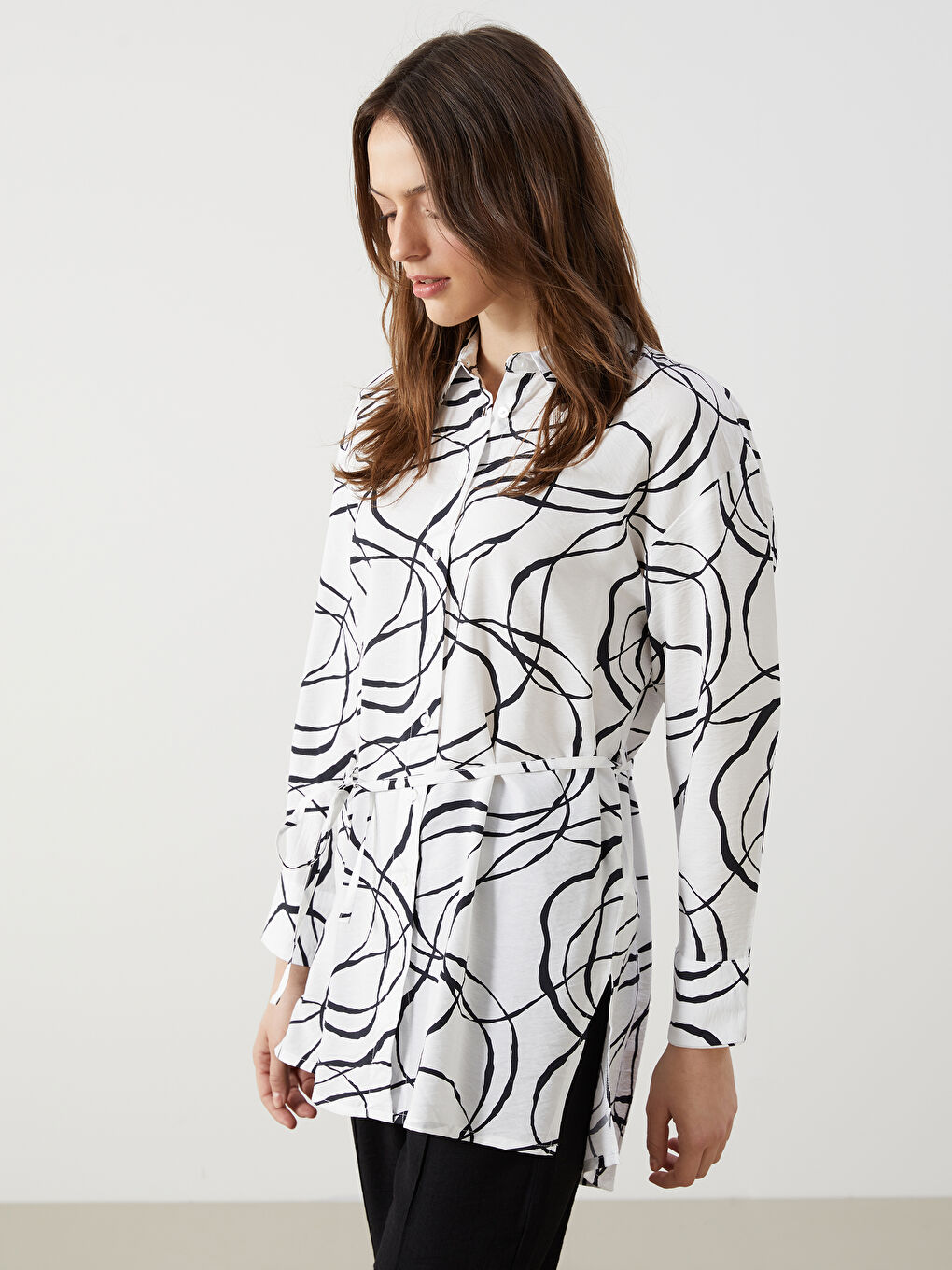 Tie Waist Detailed Patterned Women's Shirt Tunic -S5DP04Z8-LQJ