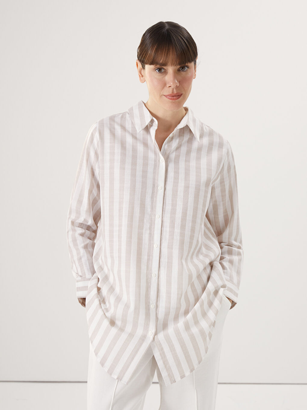 قميص تونيك مخطط بوبلين للسيدات