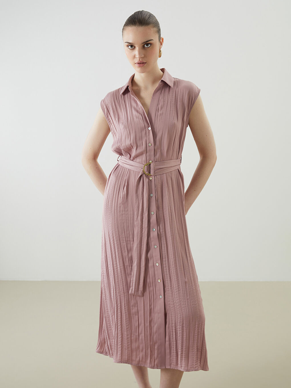 Belted Satin Shirt Dress -S5DP25Z8-FFK