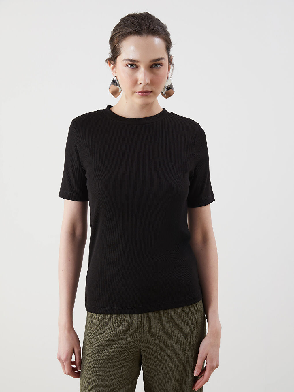 Crew Neck Striped Ribbed Women's T-Shirt -S5DP36Z8-CVL