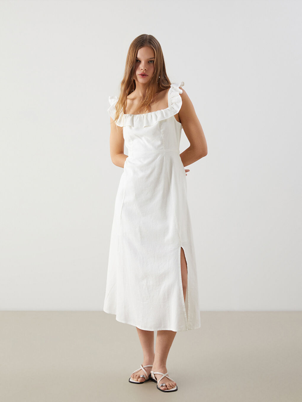 Plain Ruffled Women's Linen Blend Dress -S5DP85Z8-Q6K