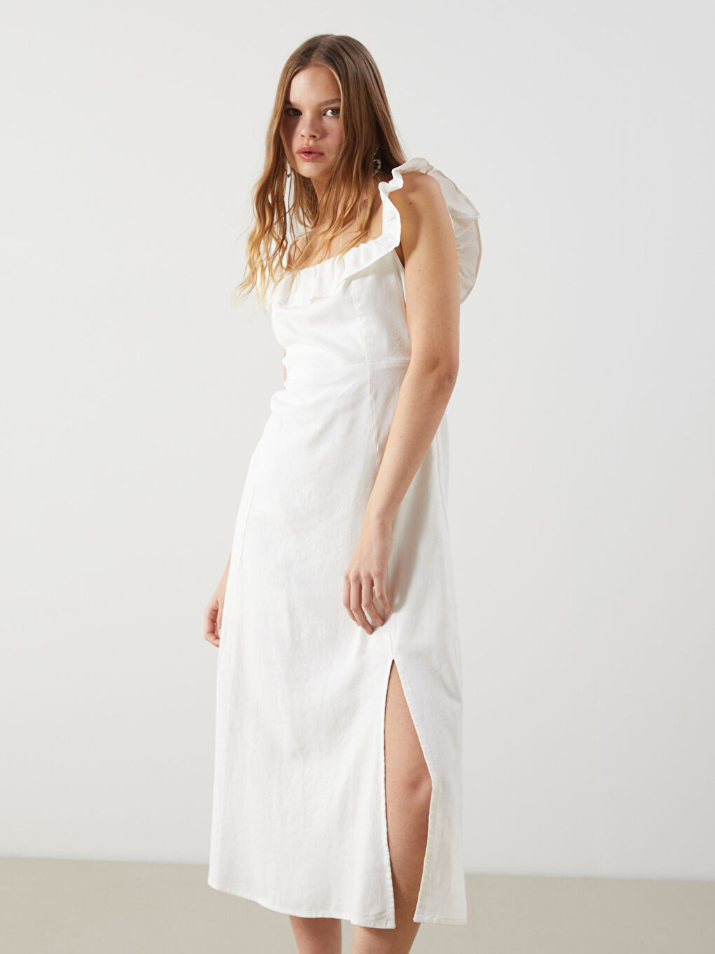 Plain Ruffled Women's Linen Blend Dress -S5DP85Z8-Q6K