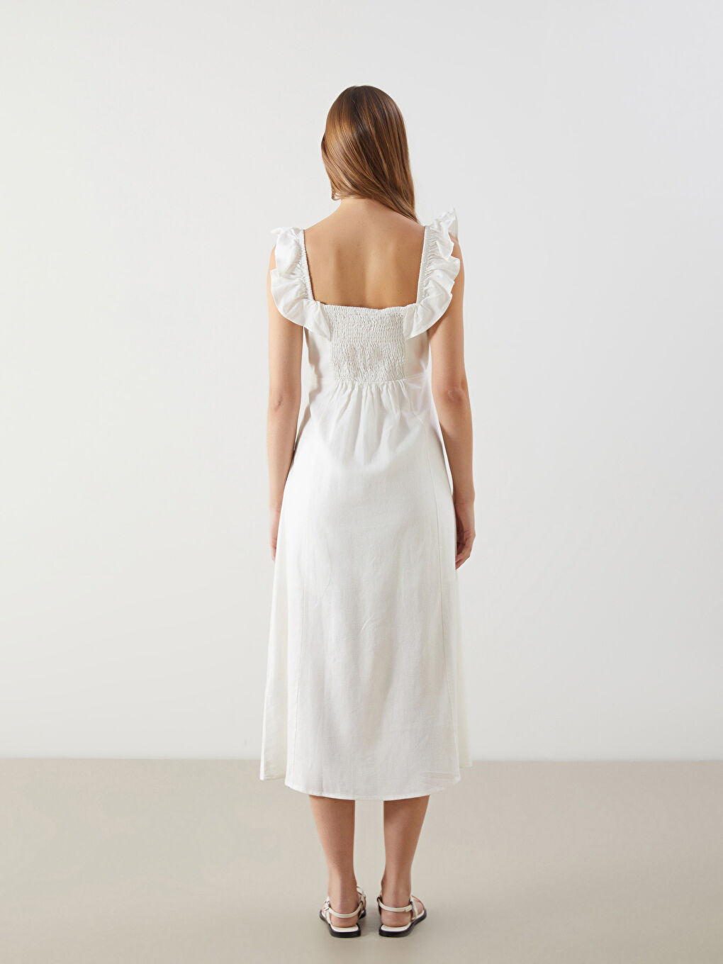 Plain Ruffled Women's Linen Blend Dress -S5DP85Z8-Q6K