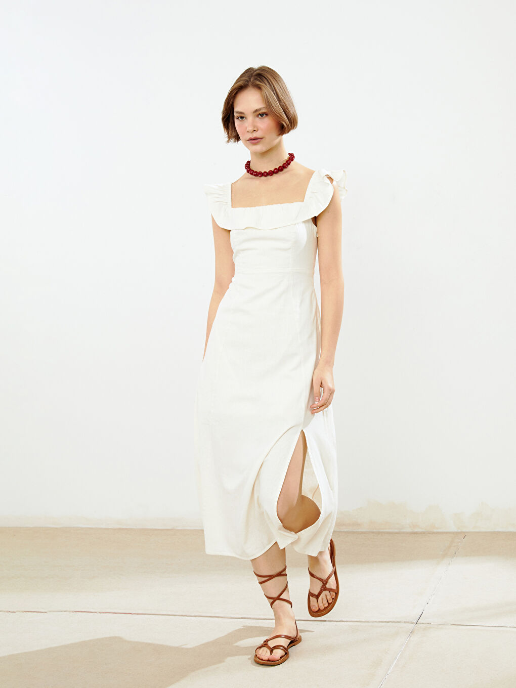 Plain Ruffled Women's Linen Blend Dress -S5DP85Z8-Q6K