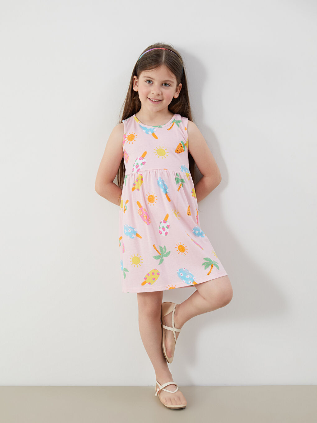 Crew Neck Printed Girls' Jersey Dress -S5DR21Z1-LT4