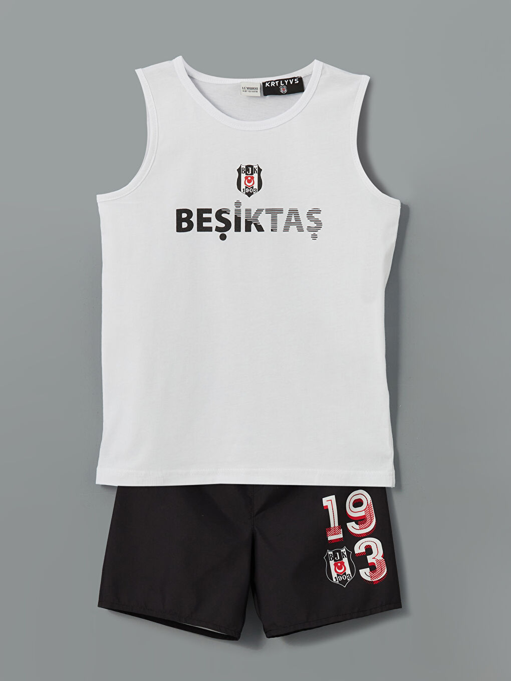 LCW Kids Siyah Bisiklet Yaka Beşiktaş Baskılı Erkek Çocuk Atlet ve Deniz Şortu