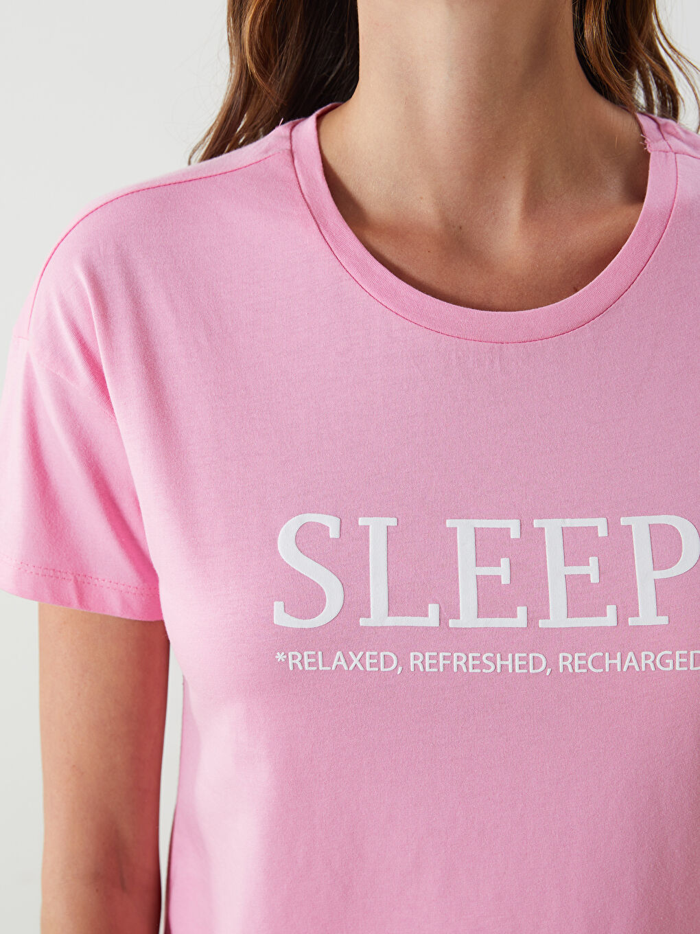 Pembe Bisiklet Yaka Baskılı Kadın Pijama Üstü-2