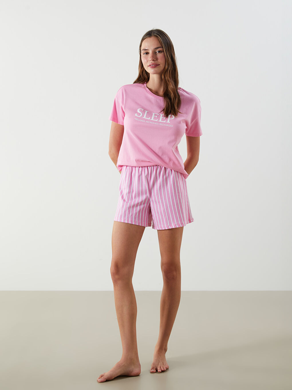 Pembe Beli Lastikli Çizgili Kadın Şort Pijama Altı