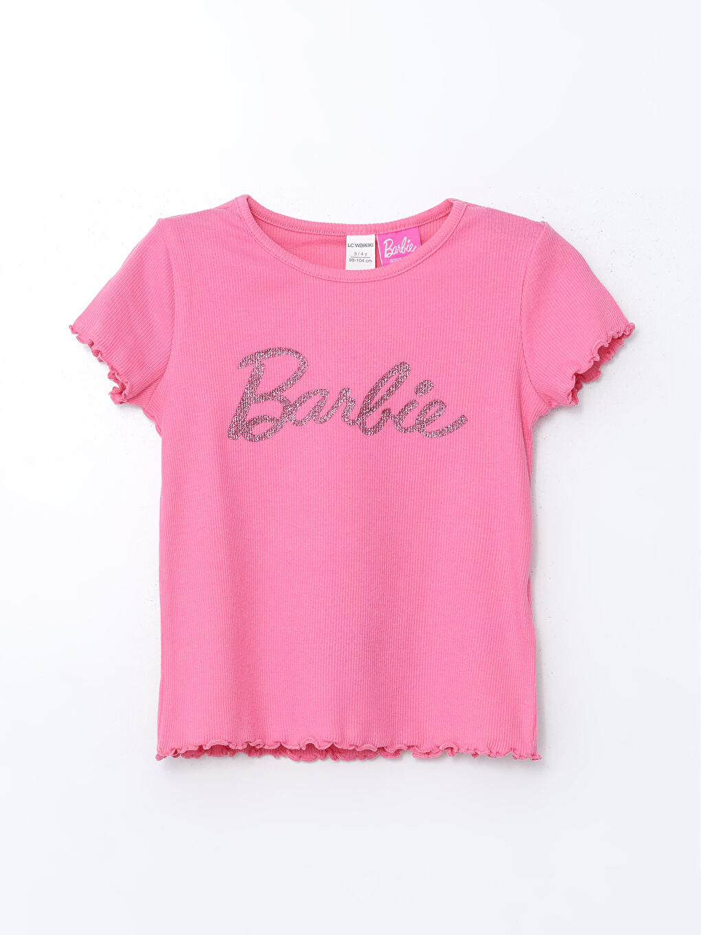 Pembe Bisiklet Yaka Barbie Baskılı Kız Çocuk Tişört