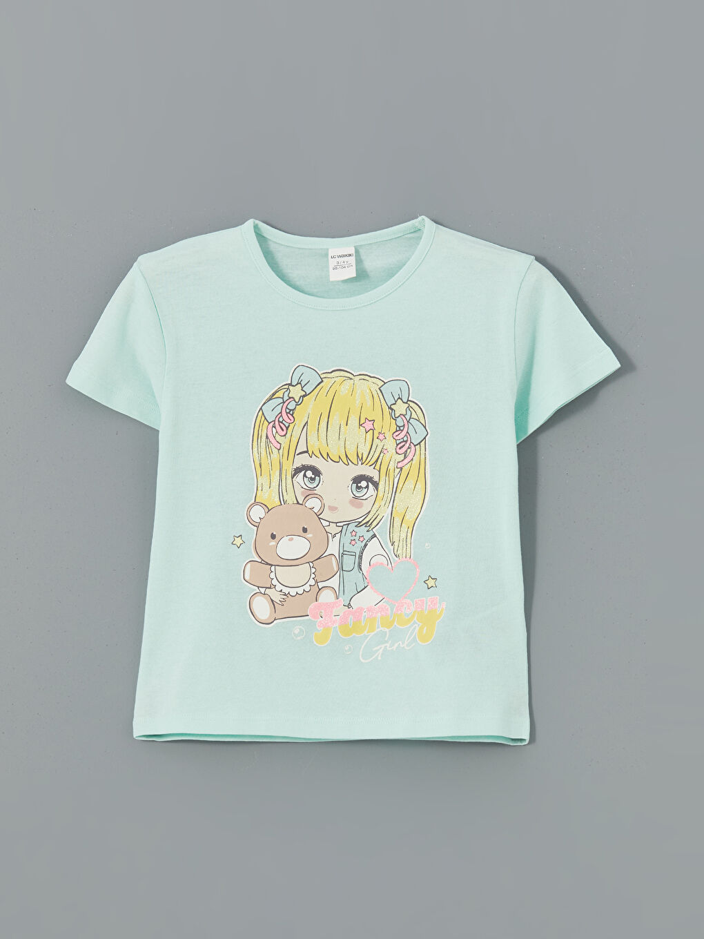 Turkuaz Bisiklet Yaka Baskılı Kız Çocuk Tişört