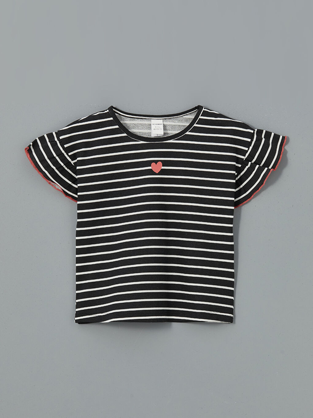 Siyah Bisiklet Yaka Çizgili Penye Kız Çocuk Tişört