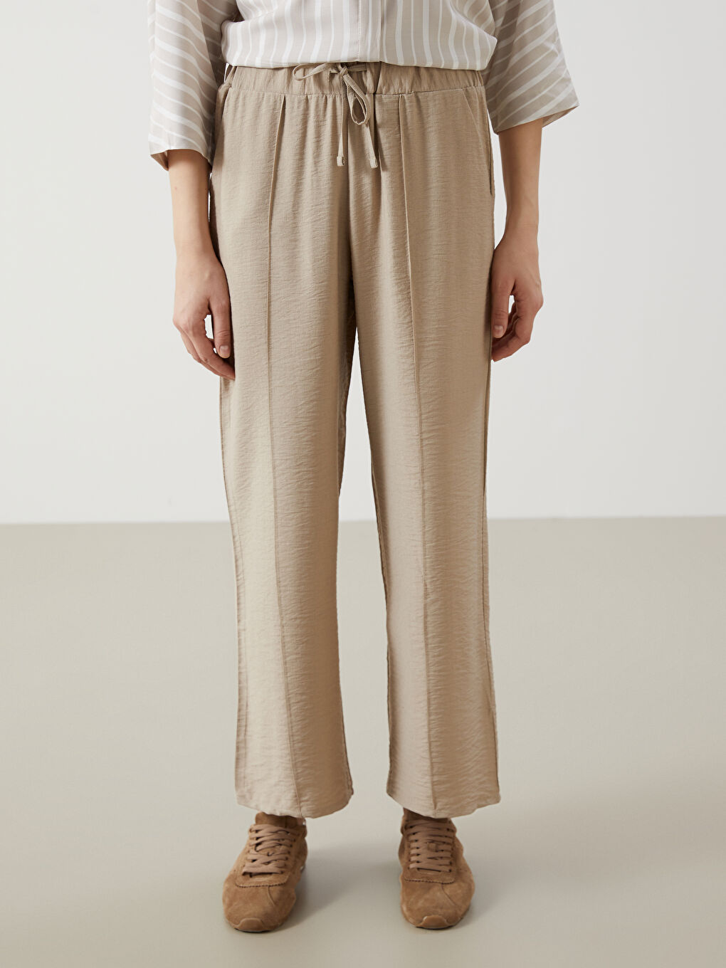 Elastic Waist Textured Wide Leg Women's Trousers -S5DS65Z8-GD0