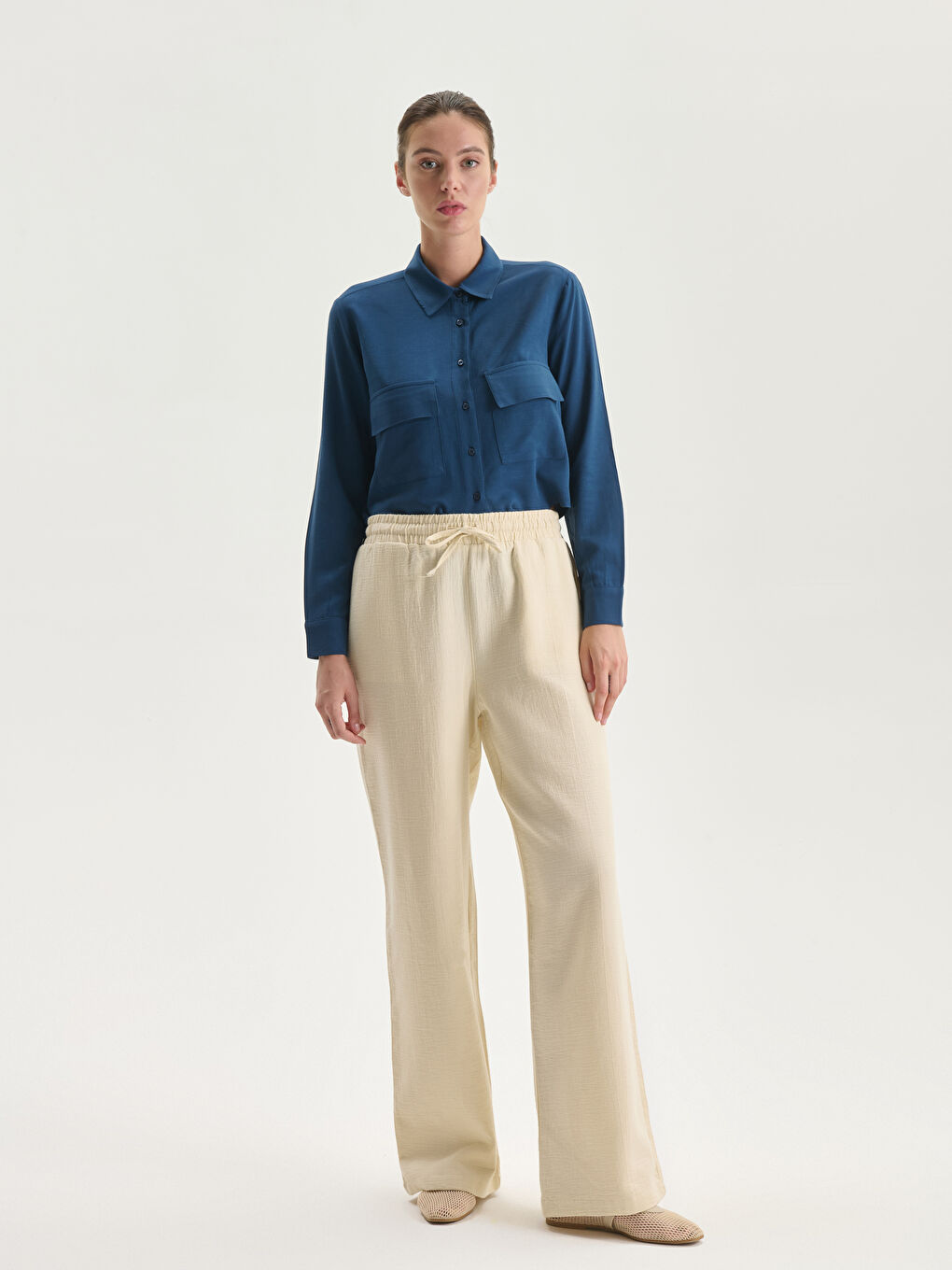 Elasticated Waist Textured Women's Trousers -S5DT38Z8-FF5