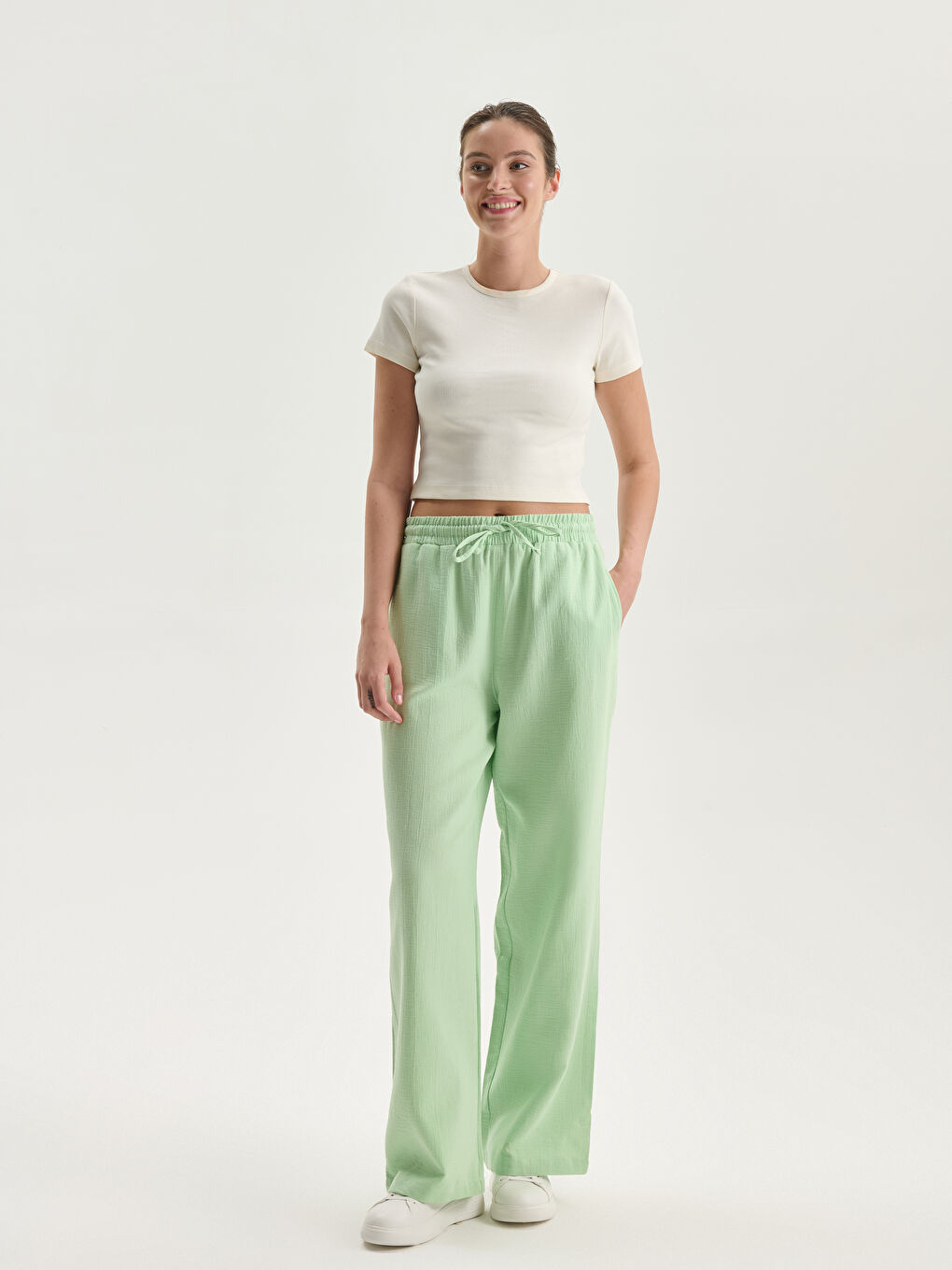 Elasticated Waist Textured Women's Trousers -S5DT38Z8-FWQ