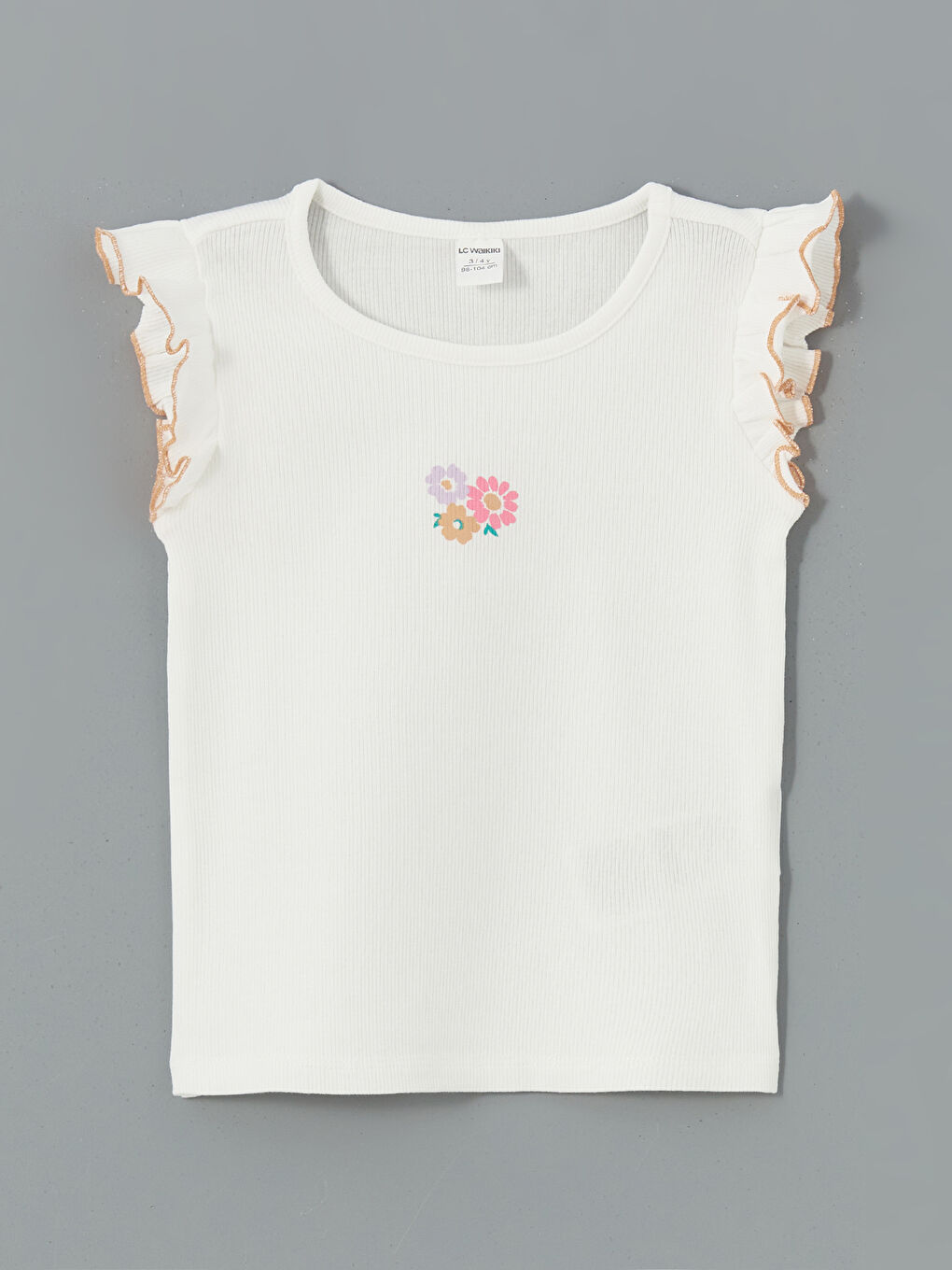 Ekru Bisiklet Yaka Çiçekli Kız Çocuk Tişört
