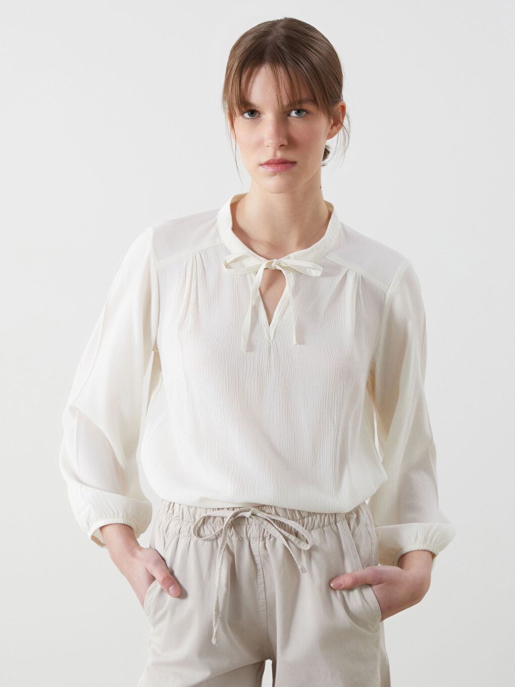 Tie Neck Textured Women's Blouse