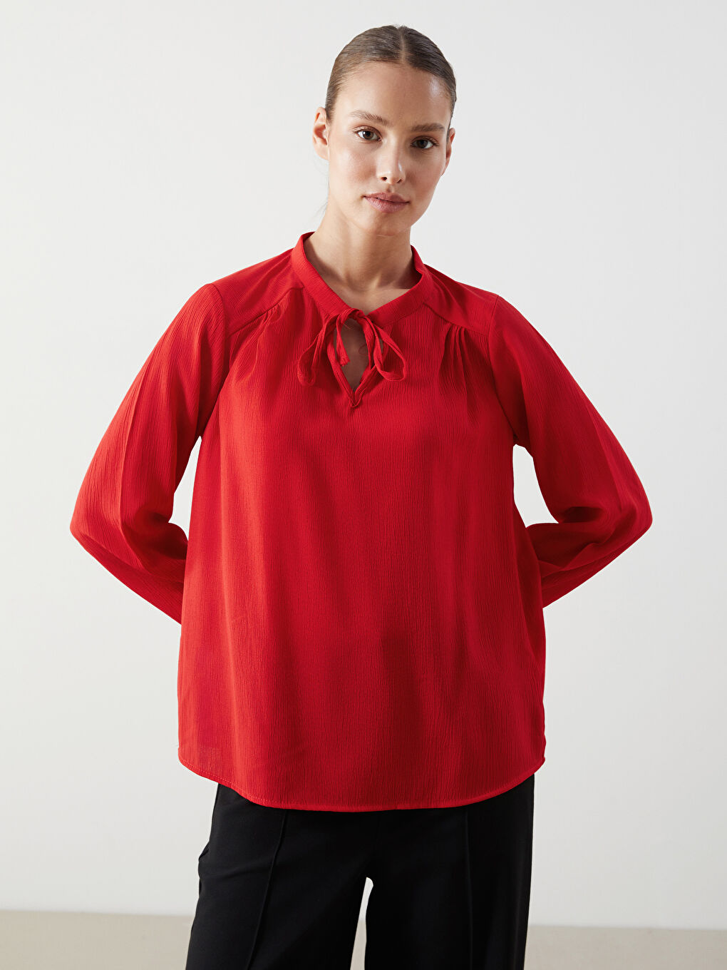 Tie Neck Textured Women's Blouse