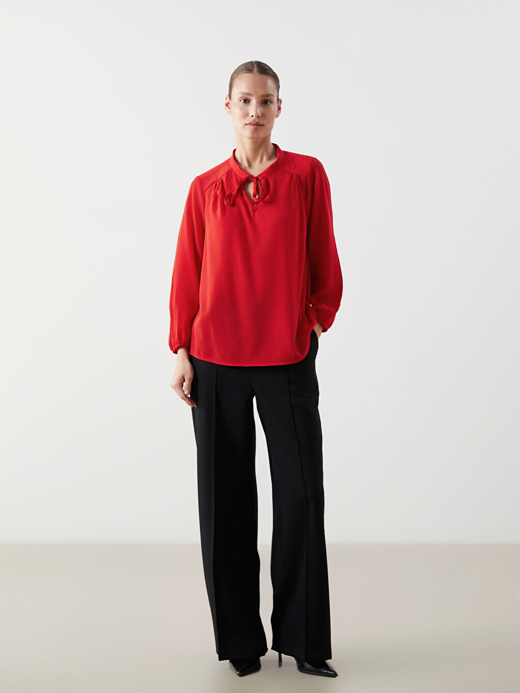 Tie Neck Textured Women's Blouse-1