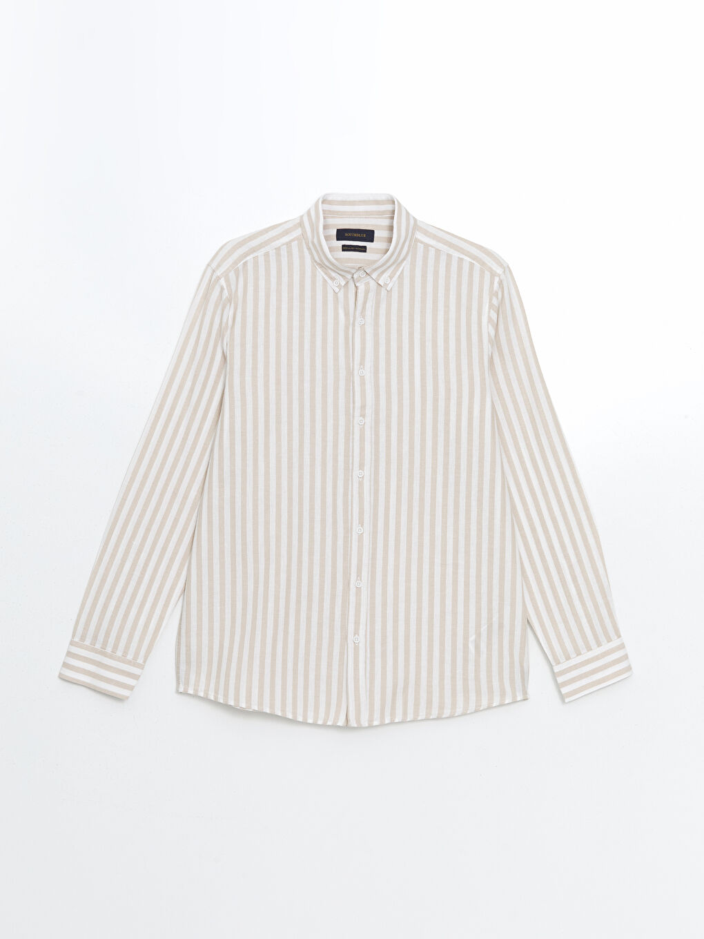 Bej Regular Fit Uzun Kollu Çizgili Poplin Erkek Gömlek-4