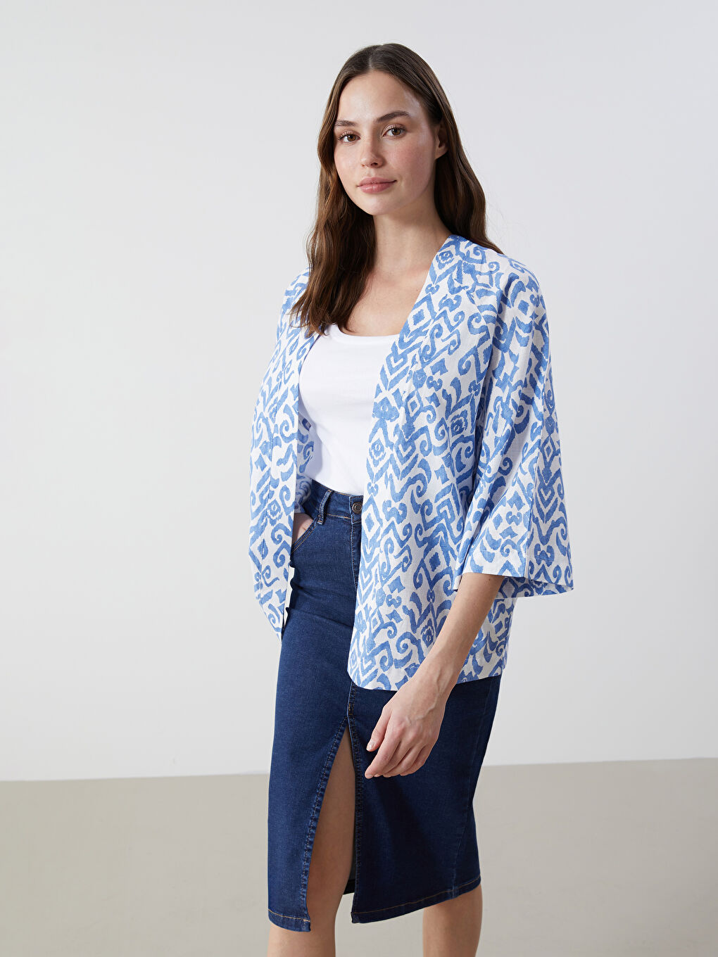 Shawl Collar Oversize Linen Blend Women's Kimono -S5DV47Z8-LQK