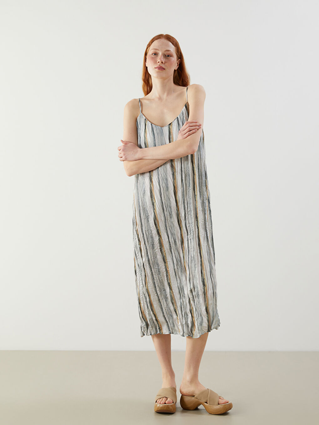 V-Neck Striped Strappy Satin Women's Dress -S5DV96Z8-LRF