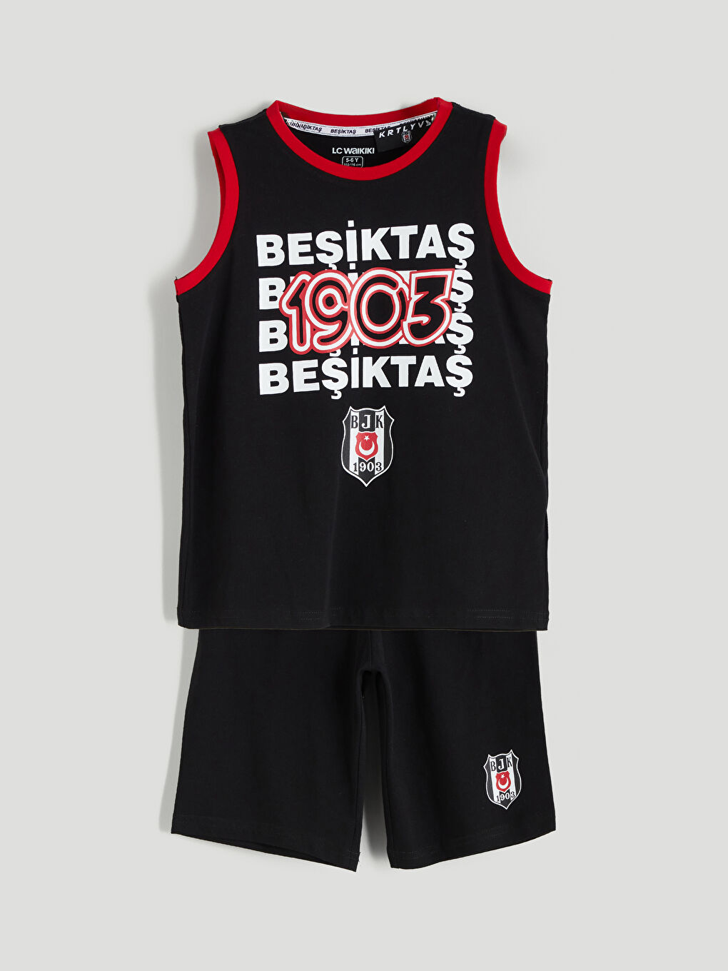 Siyah Bisiklet Yaka Beşiktaş Baskılı Erkek Çocuk Şortlu Pijama Takımı