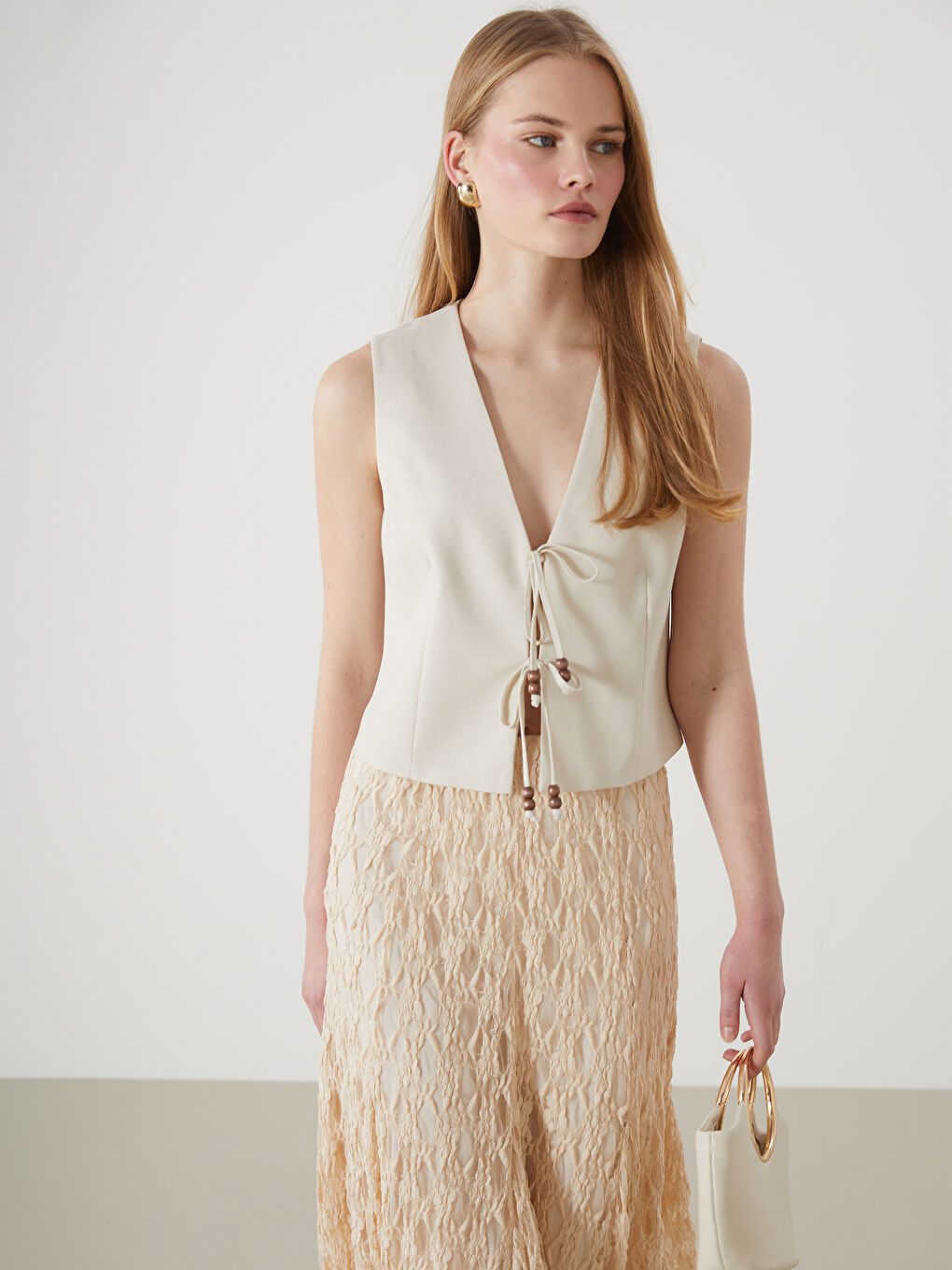V-Neck Linen Blend Women's Classic Waistcoat -S5EA17Z8-CR8
