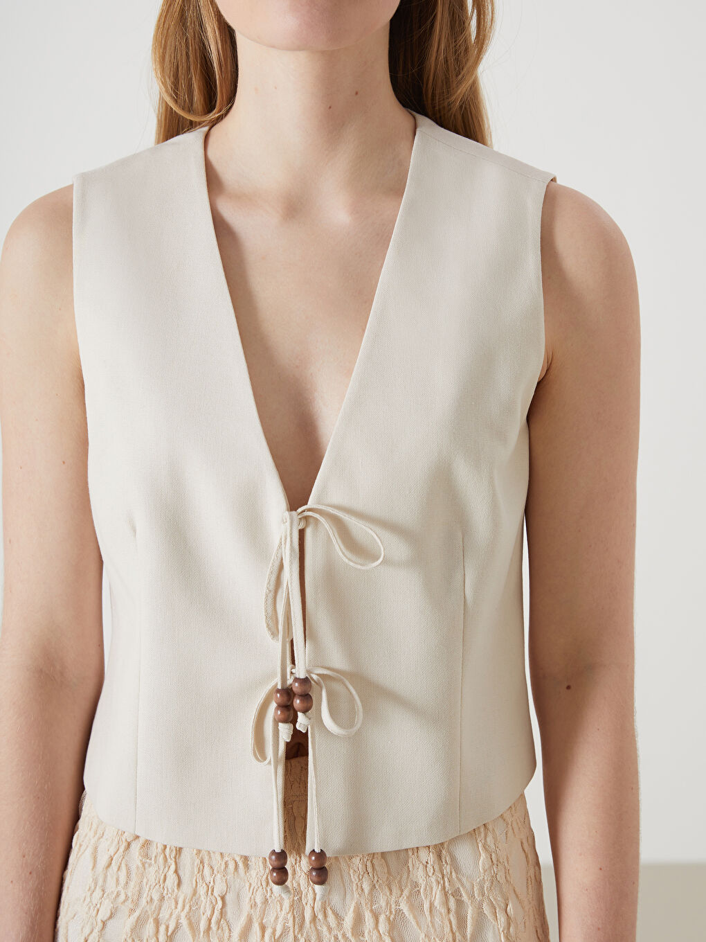 V-Neck Linen Blend Women's Classic Waistcoat -S5EA17Z8-CR8