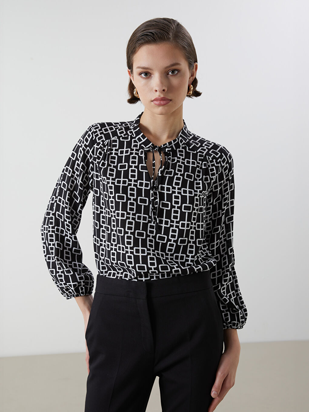 Tie Neck Patterned Women's Blouse -S5EA19Z8-LQJ