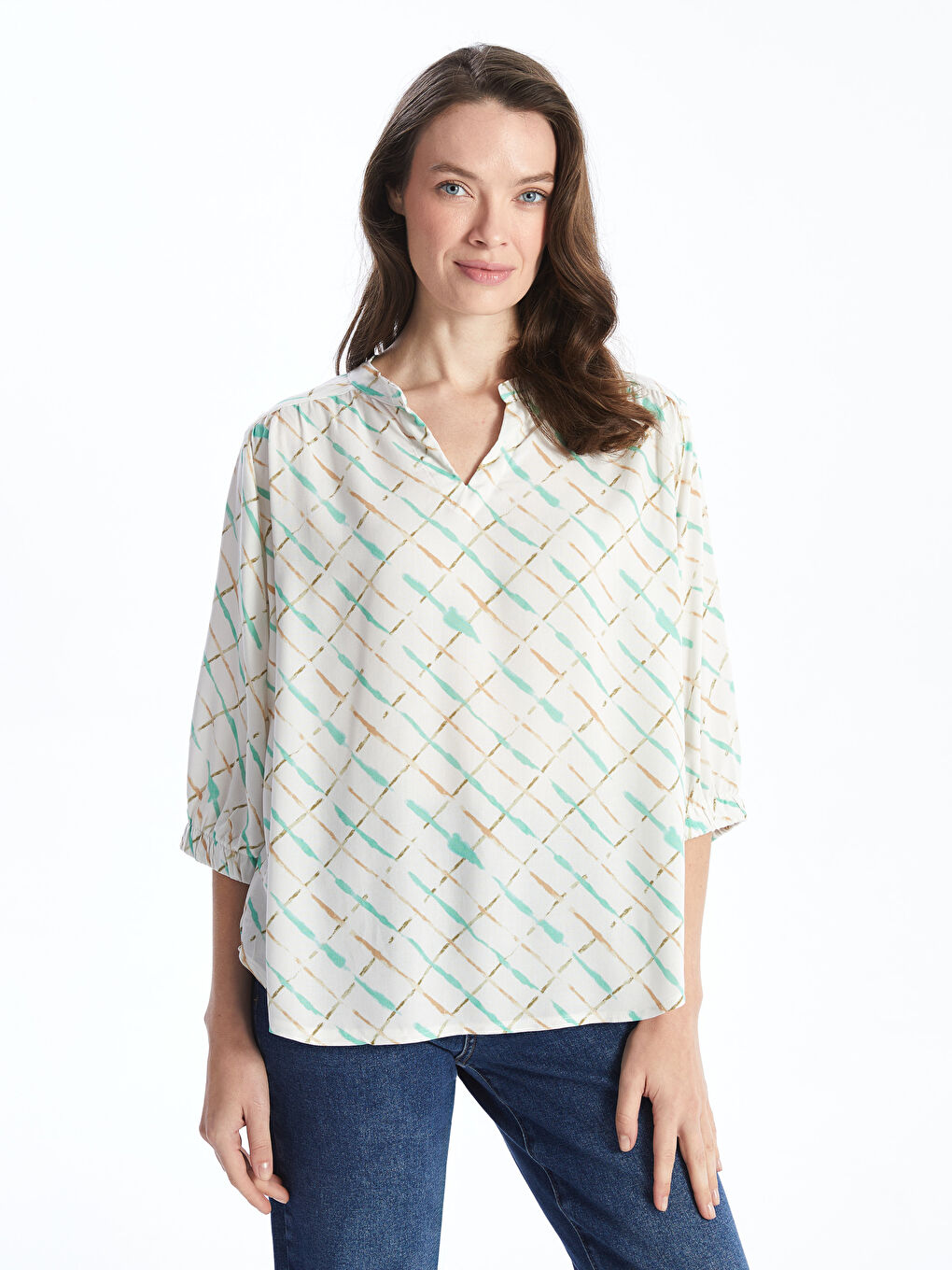 Notch Neck Patterned Women's Blouse -S5EB23Z8-SWC