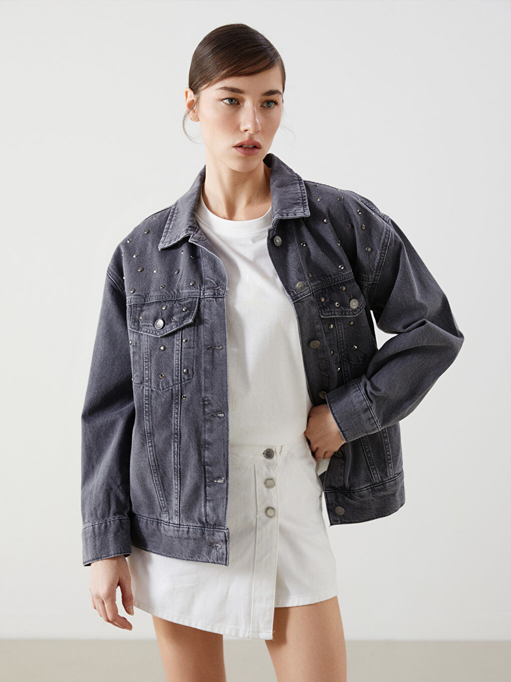 Shirt Collar Stone Studded Oversized Women'S Denim Jacket -S5EB52Z8-GRD