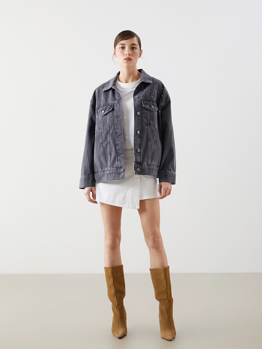 Shirt Collar Stone Studded Oversized Women'S Denim Jacket -S5EB52Z8-GRD